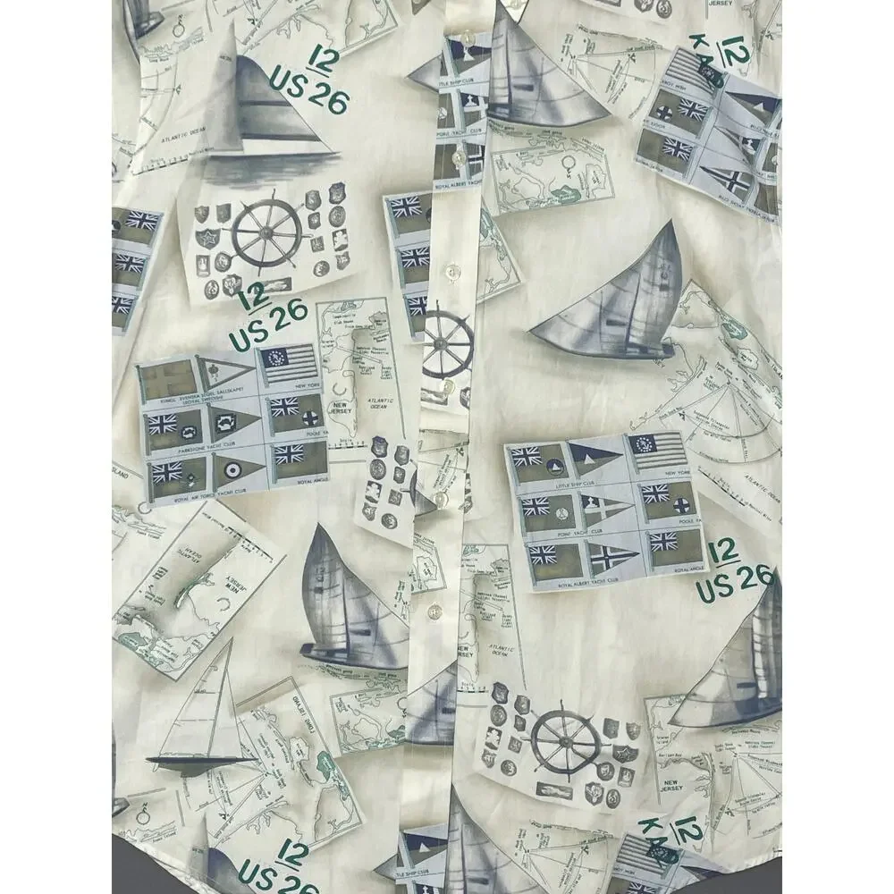 NEW Y2K Nautical Boat Hawaiian Button Up Shirt‎ Size XL Coastal Sailing Travel